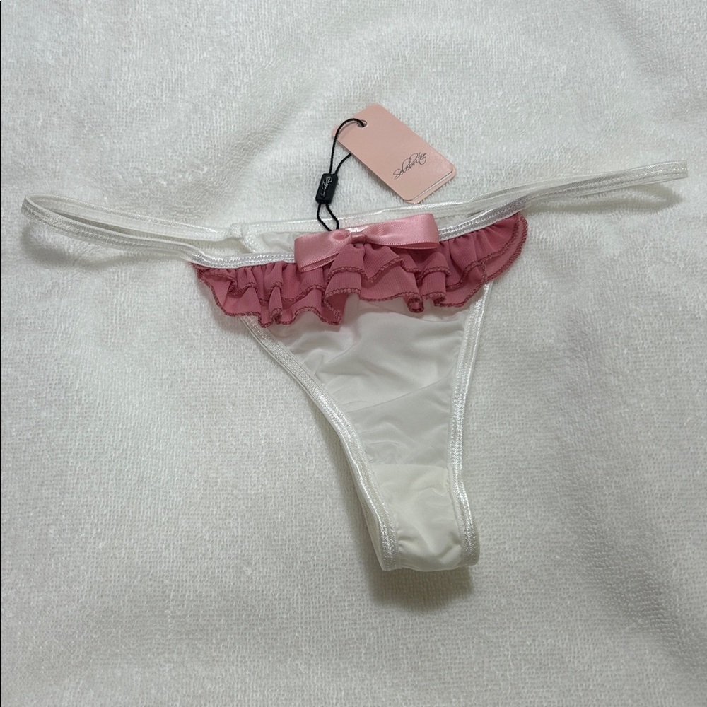 (VHTF)Silky White Thong with Pink Ruffle and Bow. BNWT